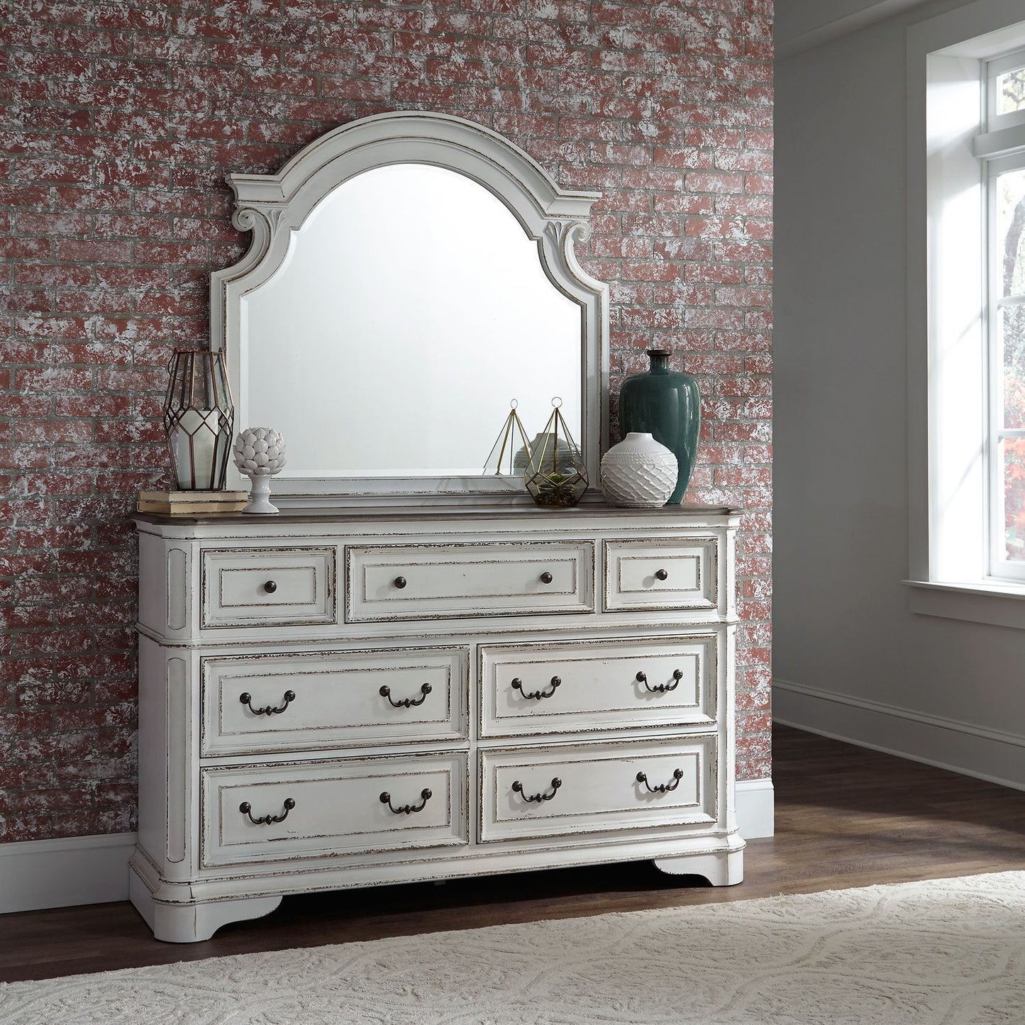 Magnolia Manor - King California Upholstered Sleigh Bed, Dresser & Mirror, Chest